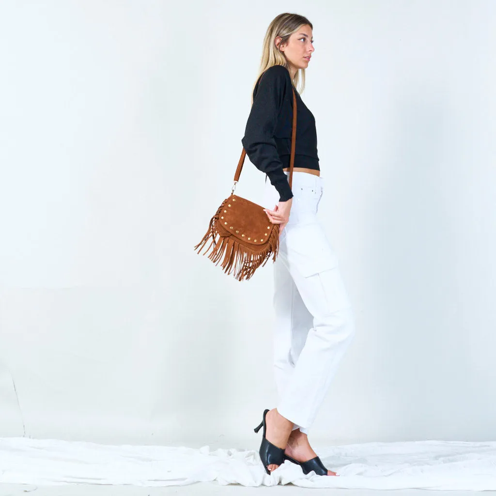 Fringe crossbody bag with studded details wholesale