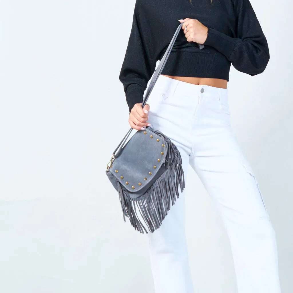 Fringe crossbody bag with studded details wholesale