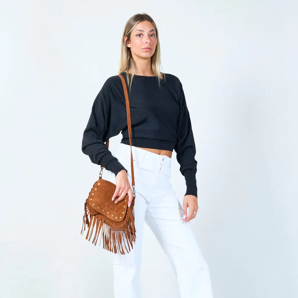 Fringe crossbody bag with studded details wholesale