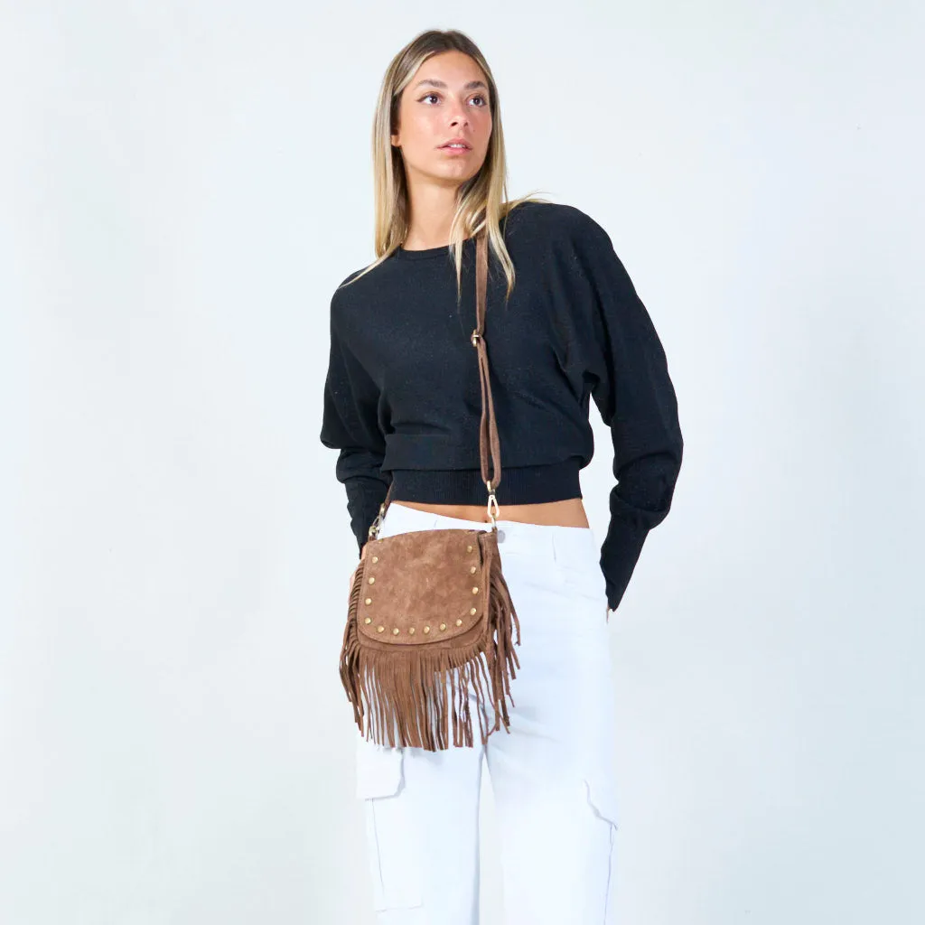 Fringe crossbody bag with studded details wholesale