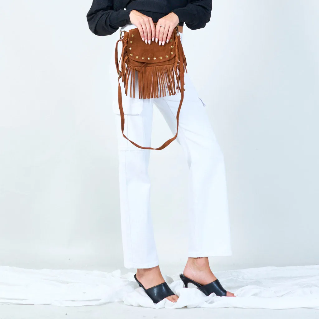 Fringe crossbody bag with studded details wholesale