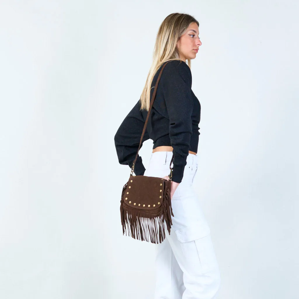 Fringe crossbody bag with studded details wholesale