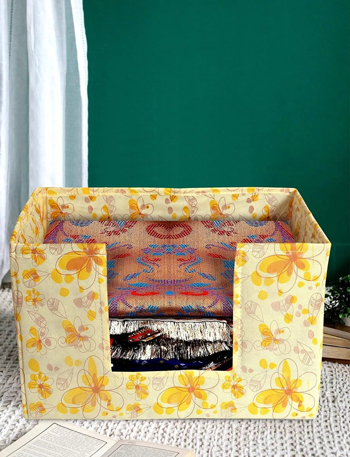 Heart Home Flower Printed Non-Woven Foldable Saree Stacker, Wardrobe Organizer, Storage Bin With Handle (Yellow)-HS43HEARTH26388