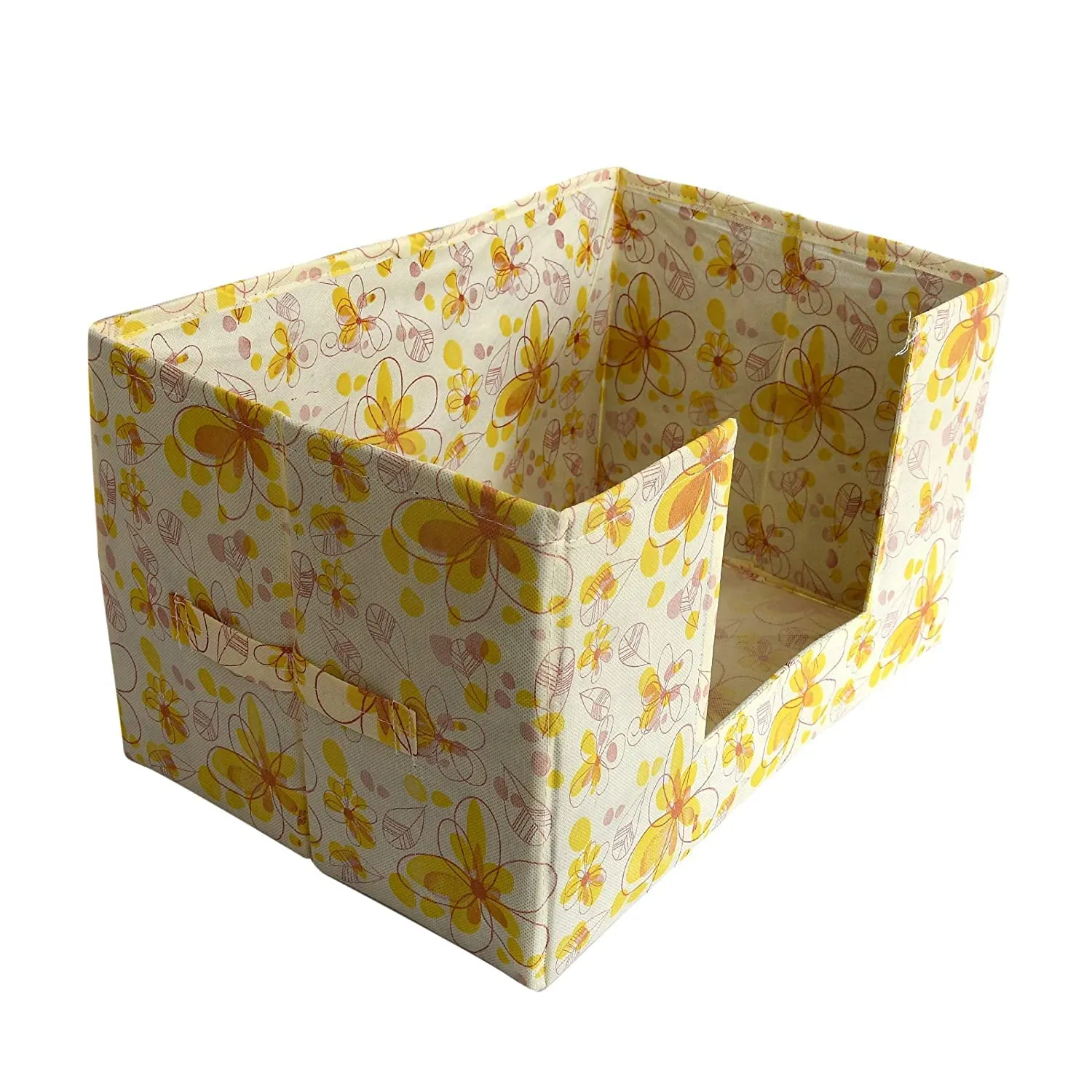 Heart Home Flower Printed Non-Woven Foldable Saree Stacker, Wardrobe Organizer, Storage Bin With Handle (Yellow)-HS43HEARTH26388
