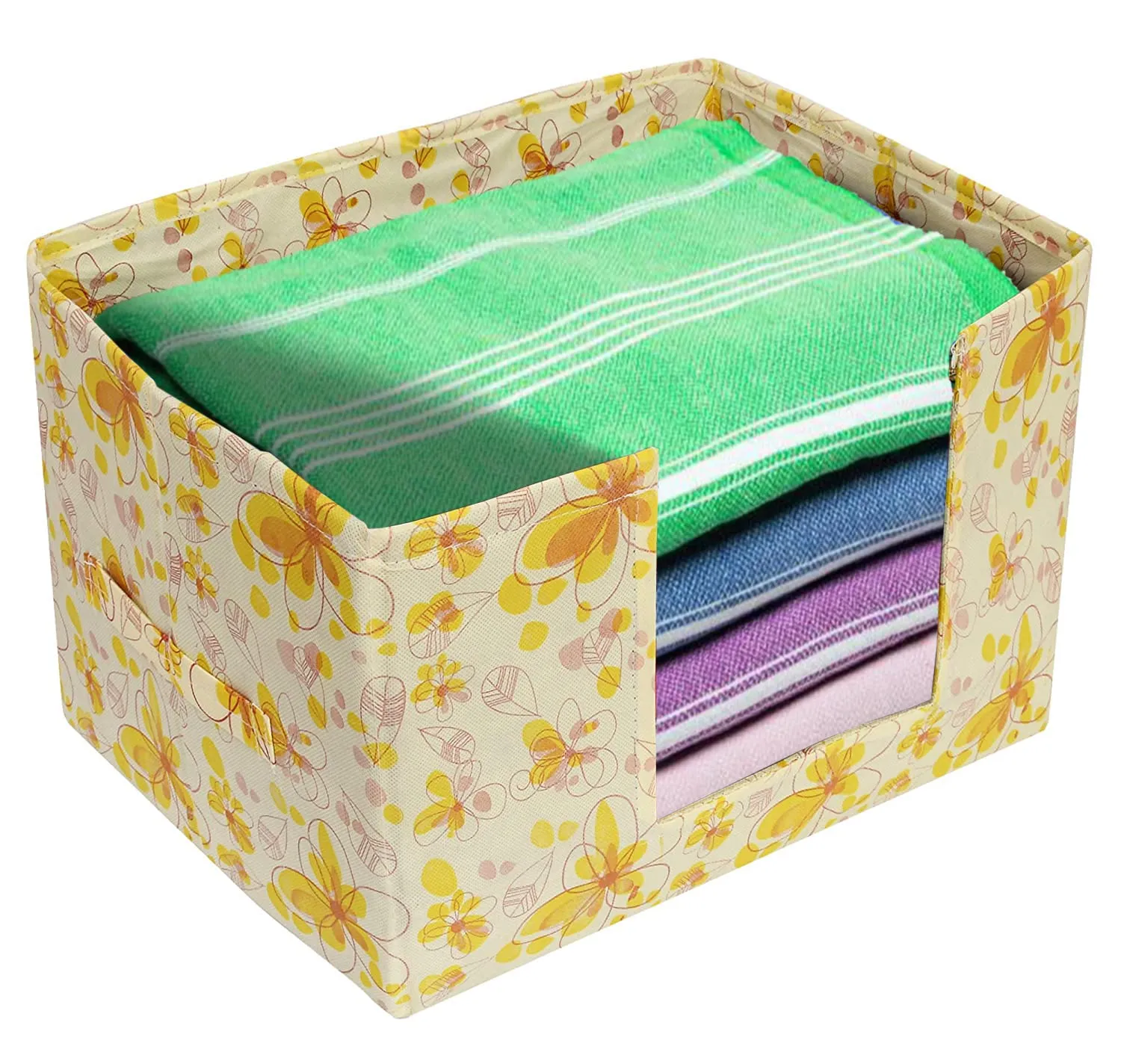 Heart Home Flower Printed Non-Woven Foldable Saree Stacker, Wardrobe Organizer, Storage Bin With Handle (Yellow)-HS43HEARTH26388