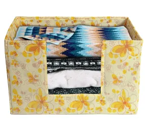 Heart Home Flower Printed Non-Woven Foldable Saree Stacker, Wardrobe Organizer, Storage Bin With Handle (Yellow)-HS43HEARTH26388
