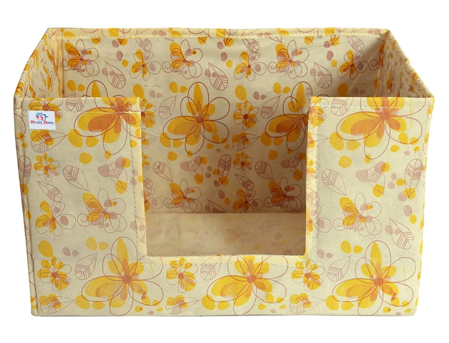 Heart Home Flower Printed Non-Woven Foldable Saree Stacker, Wardrobe Organizer, Storage Bin With Handle (Yellow)-HS43HEARTH26388