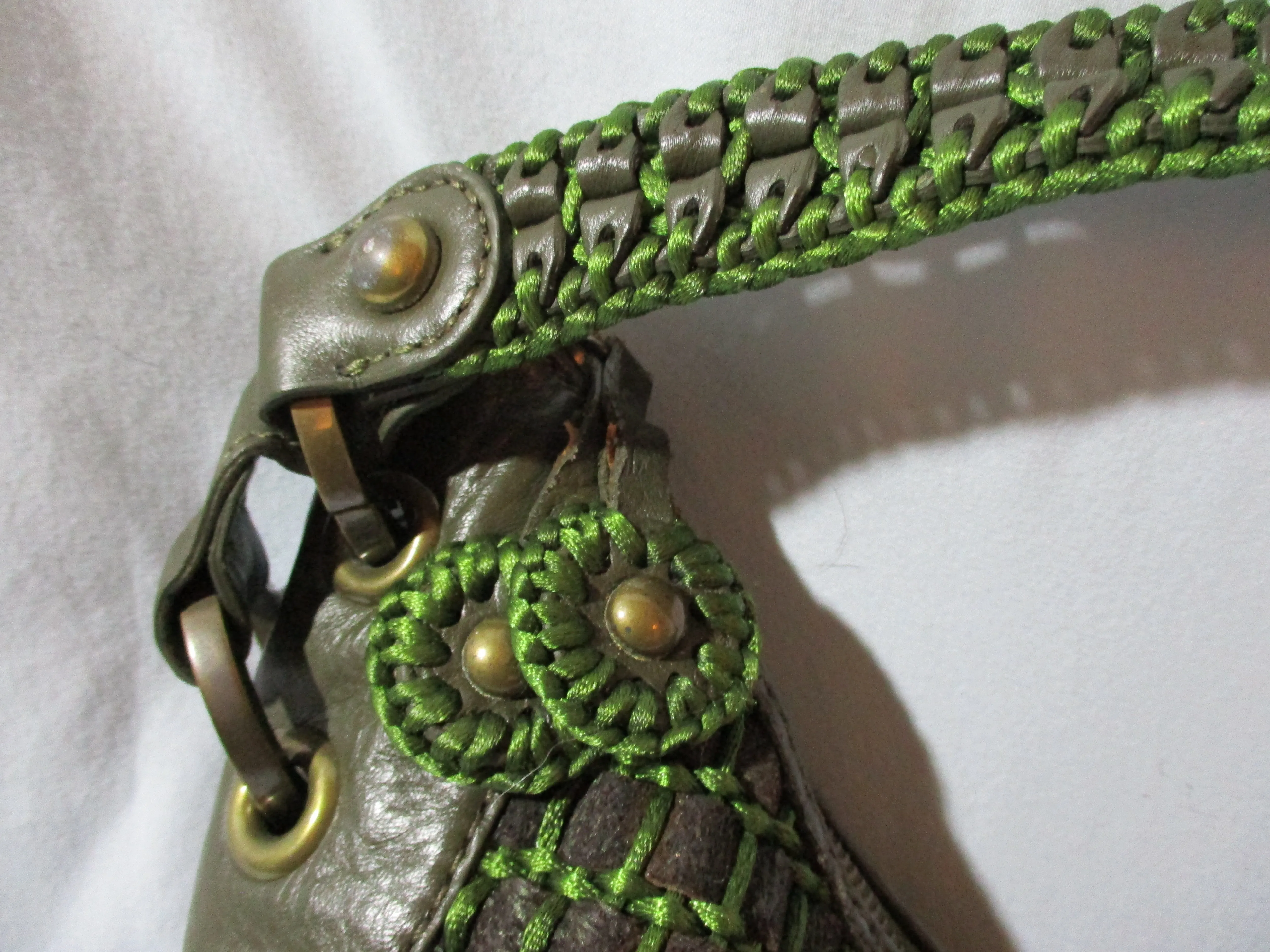 ISABELLA FIORE Soft Woven Leather purse satchel shoulder bag GREEN BROWN
