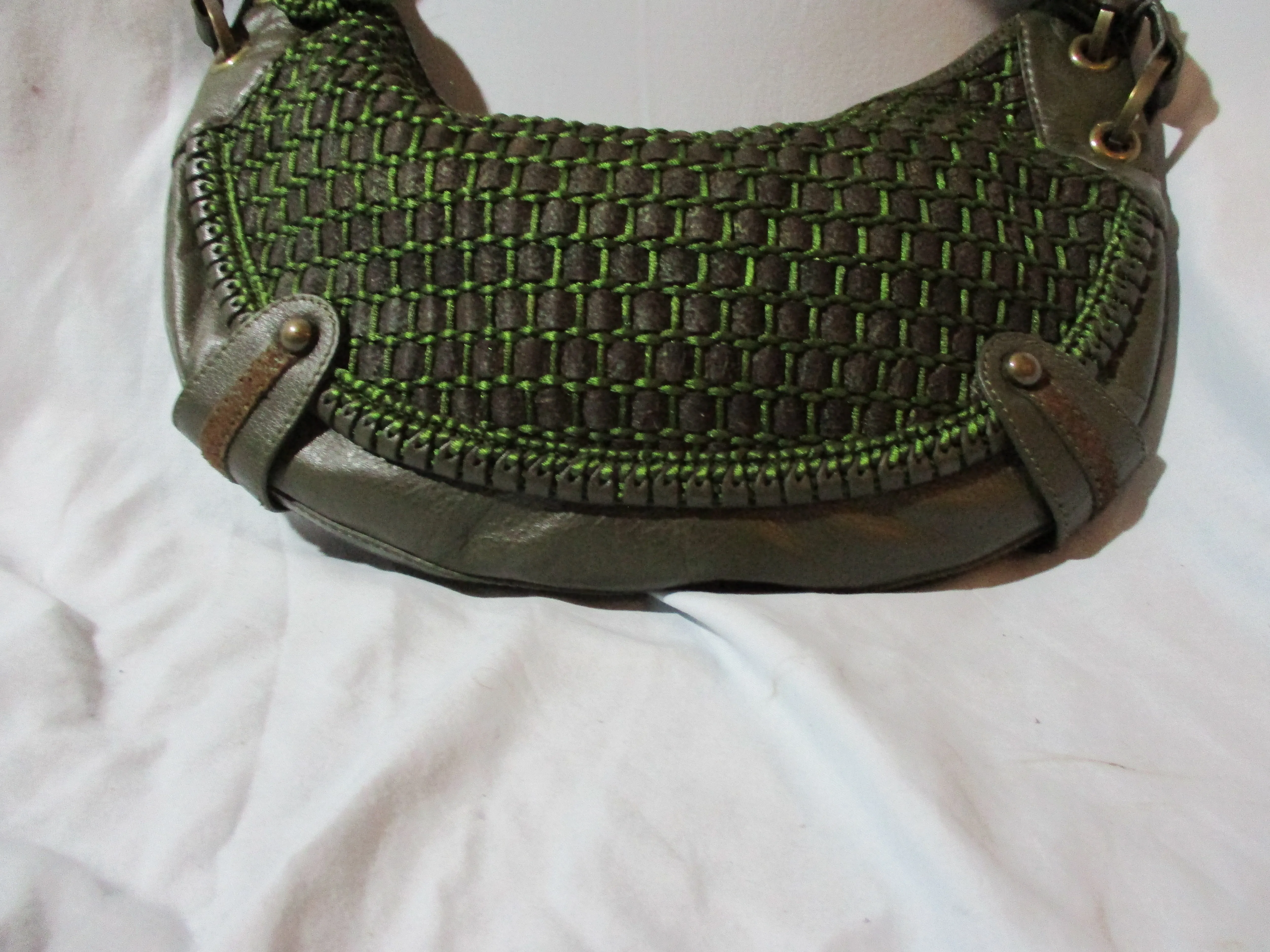ISABELLA FIORE Soft Woven Leather purse satchel shoulder bag GREEN BROWN