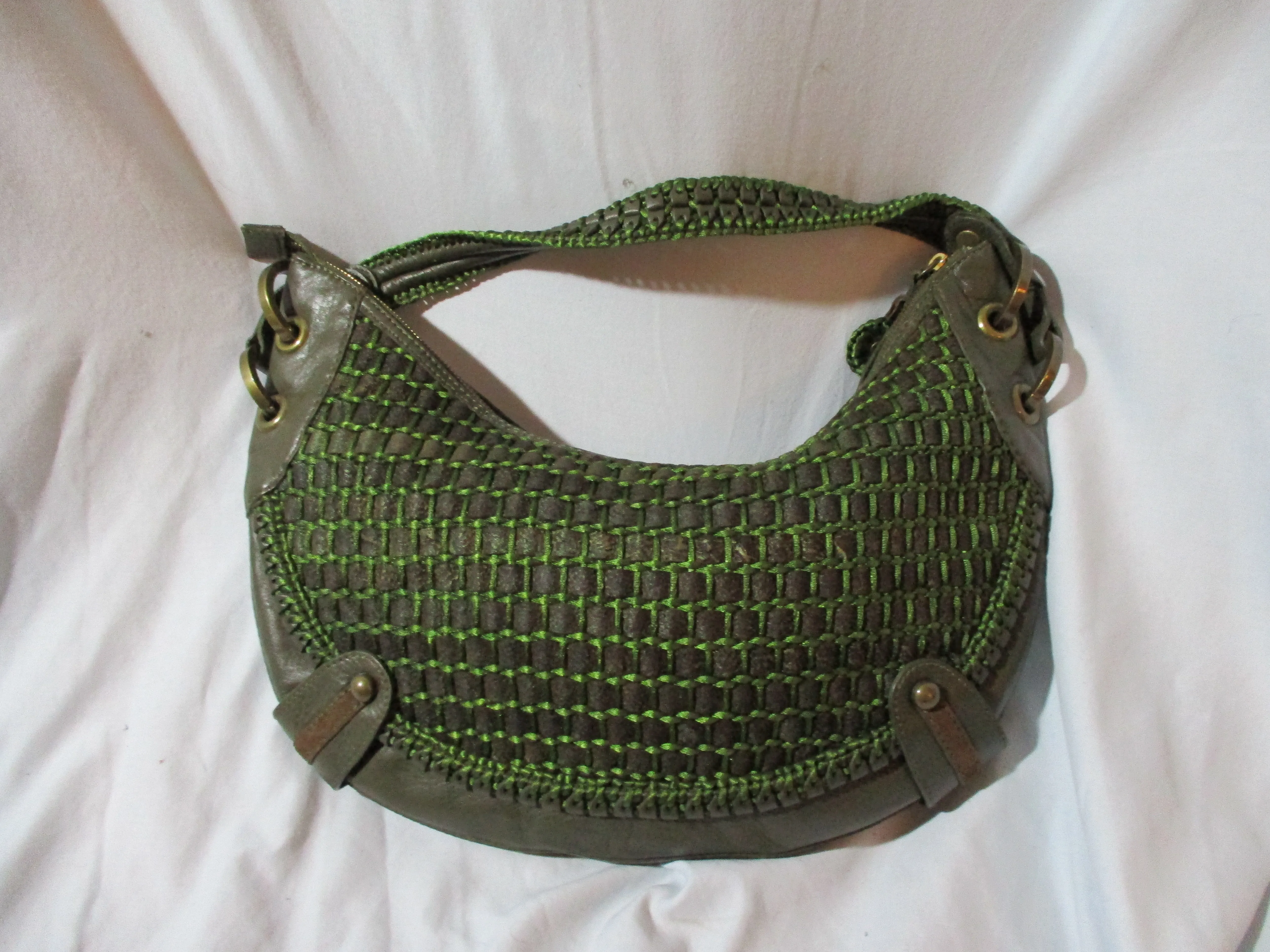 ISABELLA FIORE Soft Woven Leather purse satchel shoulder bag GREEN BROWN
