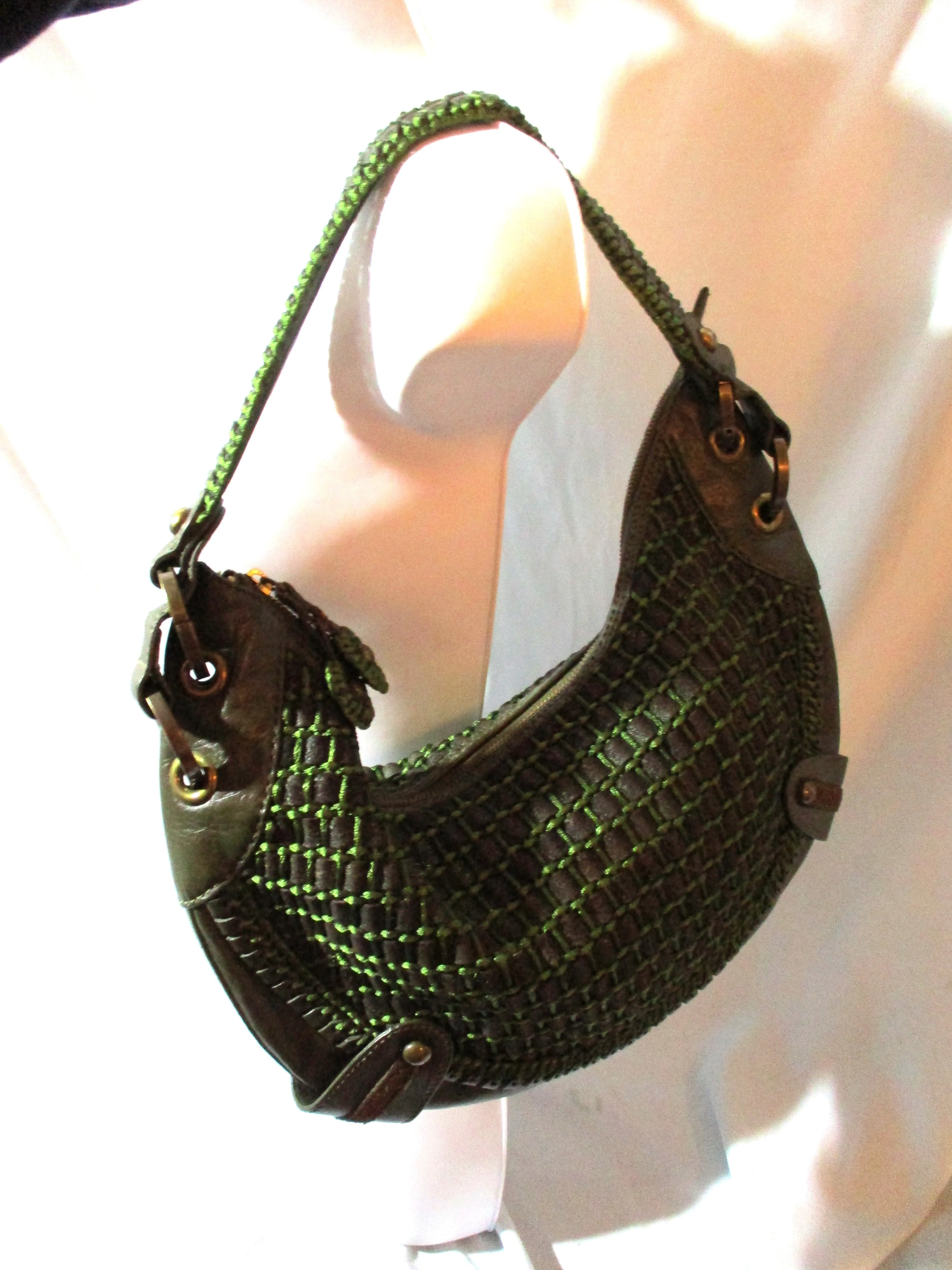 ISABELLA FIORE Soft Woven Leather purse satchel shoulder bag GREEN BROWN