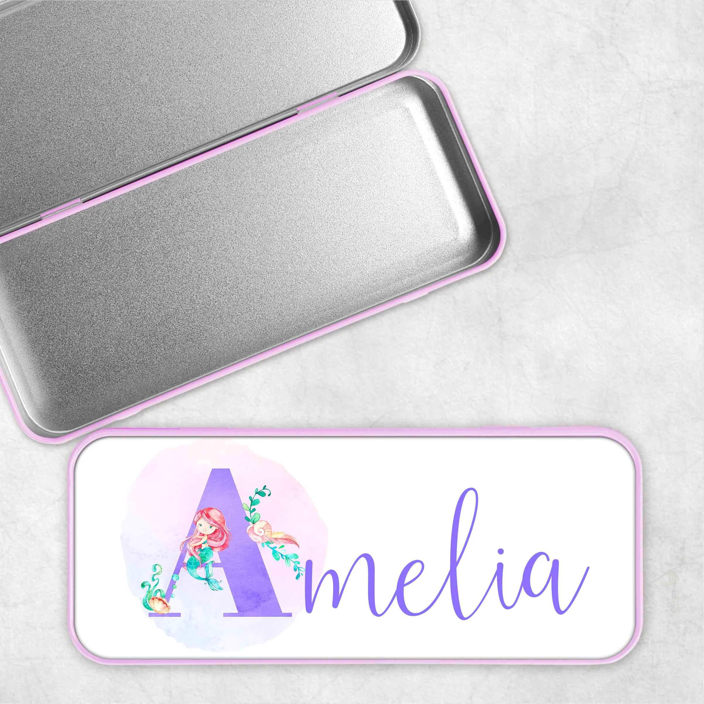 Mermaid Alphabet Personalised School Pencil Tin