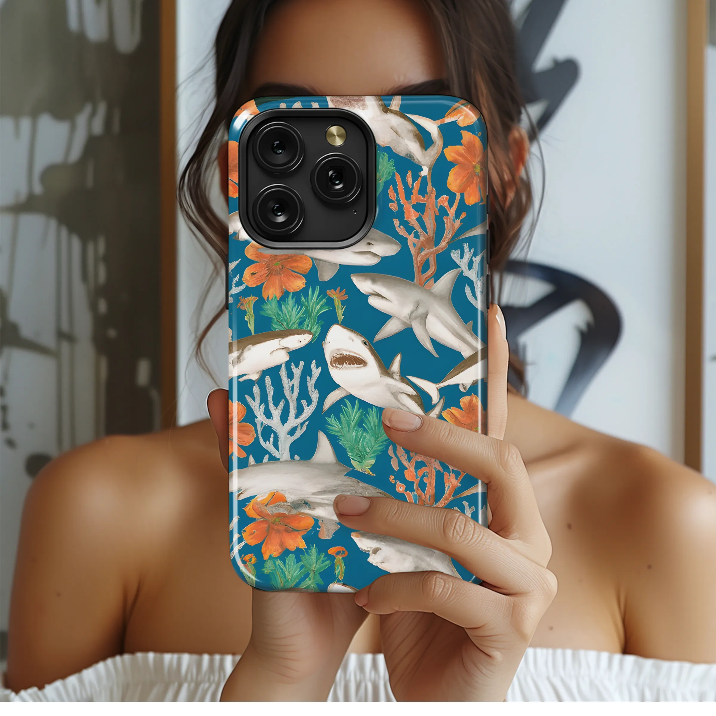 Patterned Shark Seafan Pencil Drawing Phone Case iPhone Samsung Cover Pixel 3614