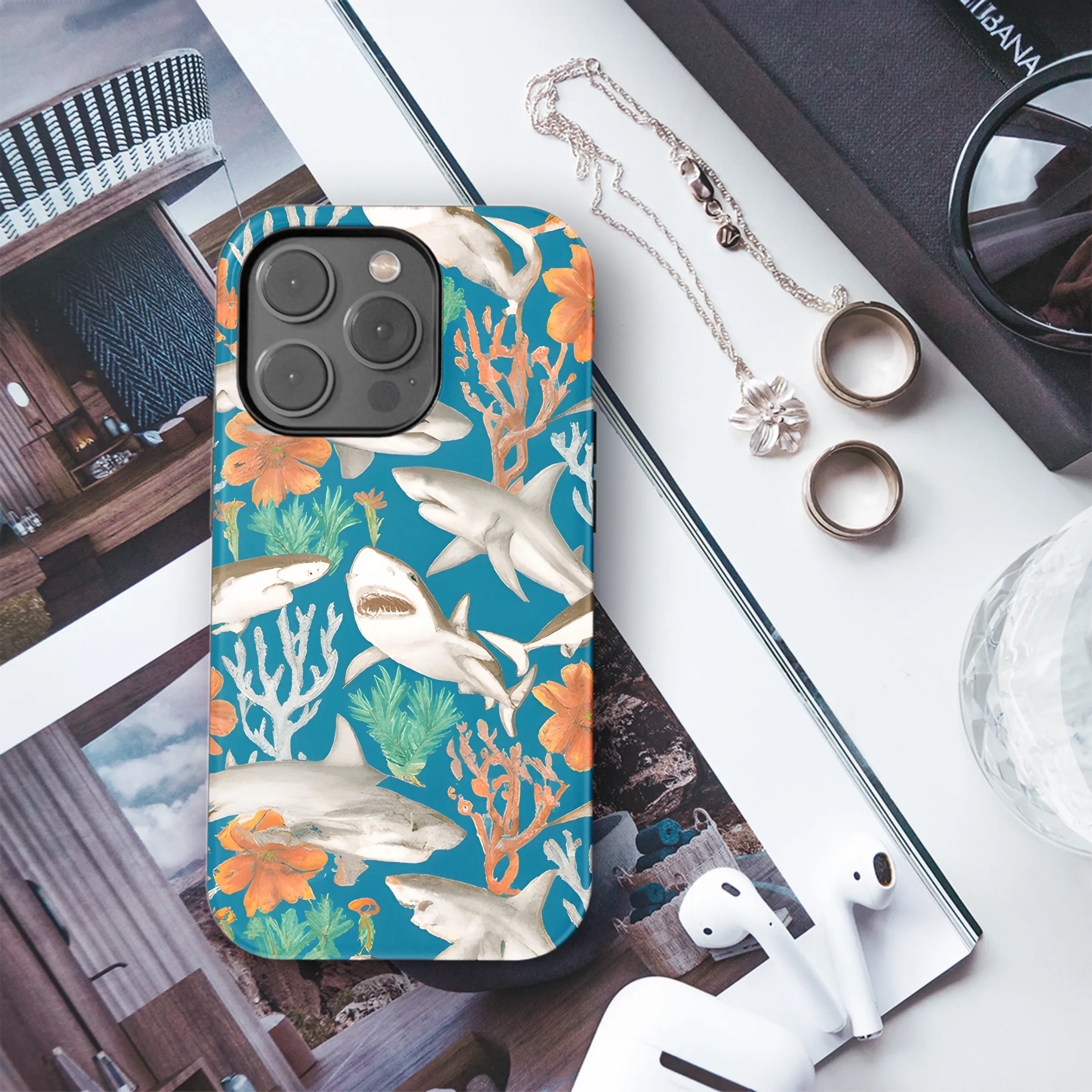 Patterned Shark Seafan Pencil Drawing Phone Case iPhone Samsung Cover Pixel 3614