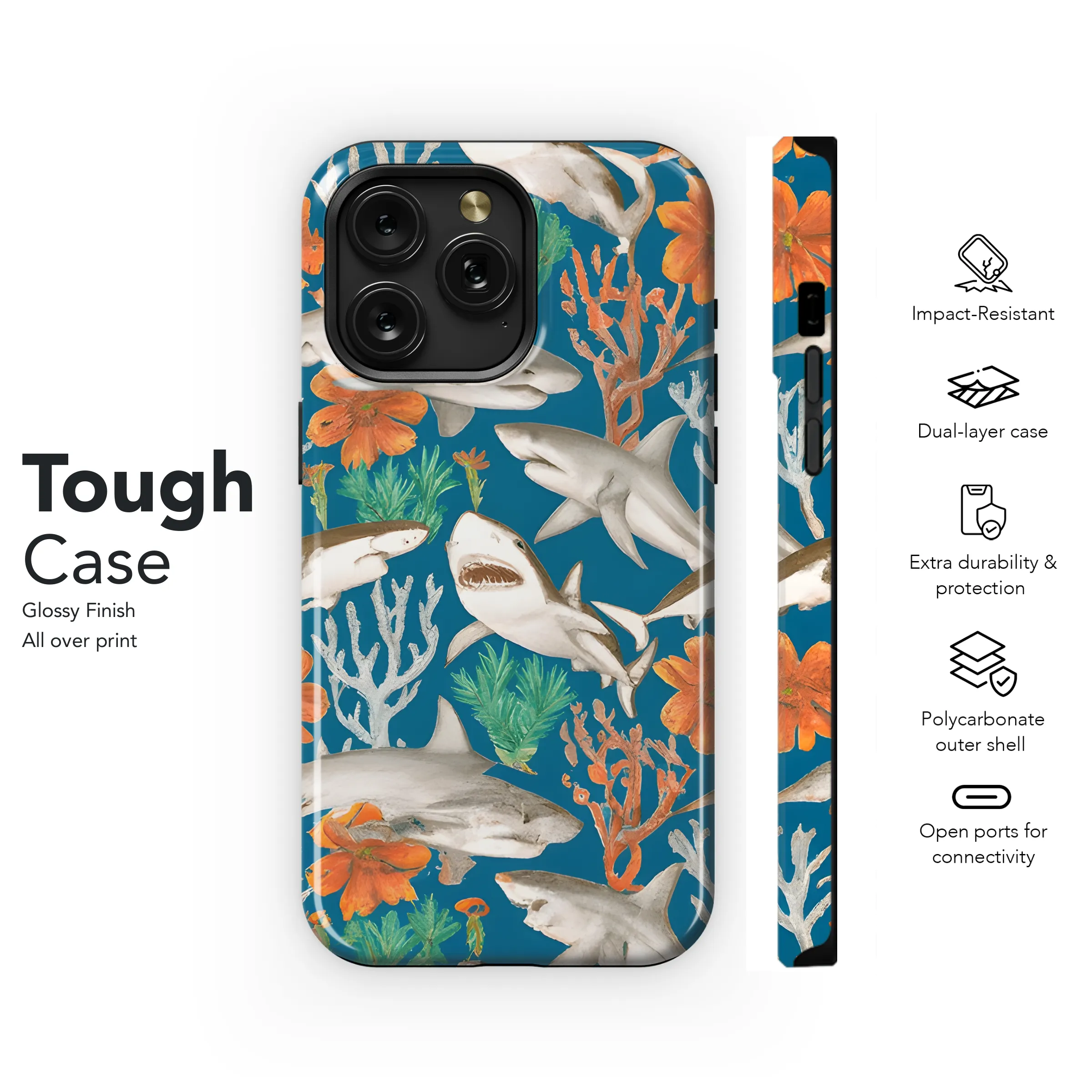 Patterned Shark Seafan Pencil Drawing Phone Case iPhone Samsung Cover Pixel 3614