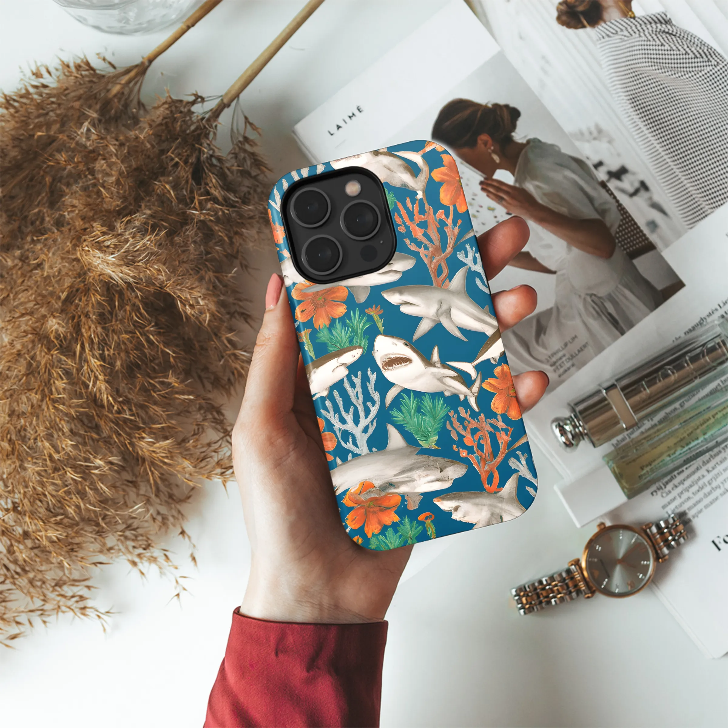 Patterned Shark Seafan Pencil Drawing Phone Case iPhone Samsung Cover Pixel 3614