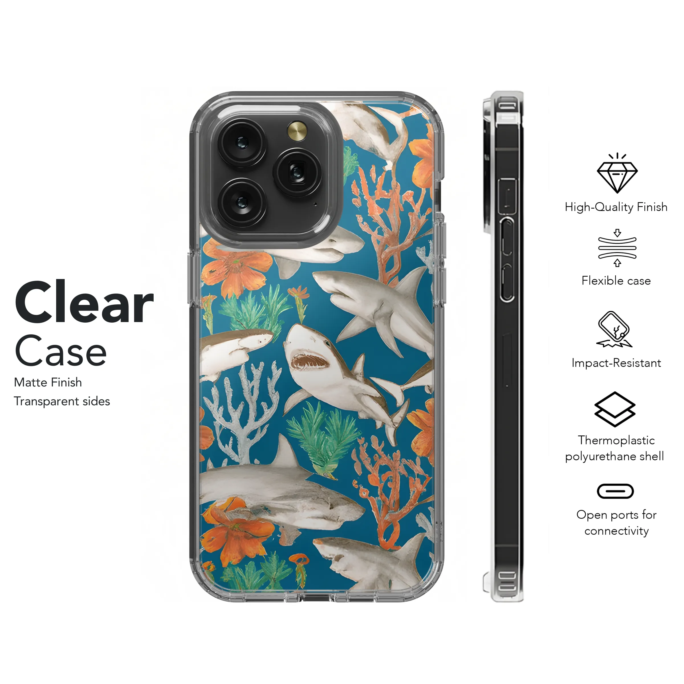 Patterned Shark Seafan Pencil Drawing Phone Case iPhone Samsung Cover Pixel 3614