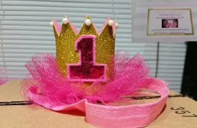 pink and gold first birthday crown