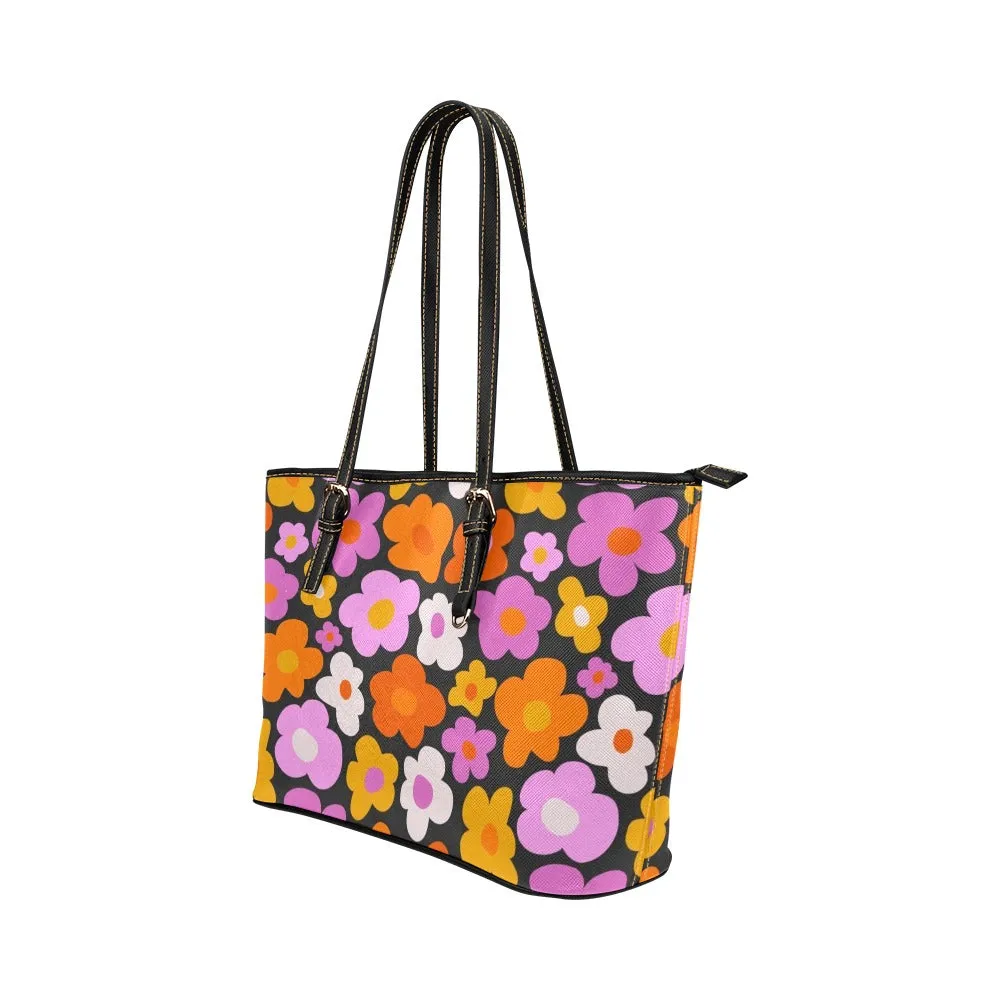 Pink Floral Purse Leather Tote Bag, Groovy 70s Vintage Retro Vegan Shoulder Hand bag Zip on Top Designer Small Large Work Women Ladies