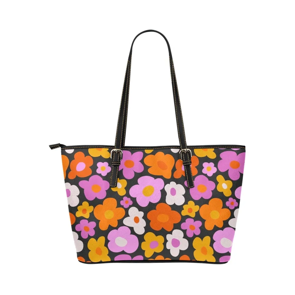 Pink Floral Purse Leather Tote Bag, Groovy 70s Vintage Retro Vegan Shoulder Hand bag Zip on Top Designer Small Large Work Women Ladies