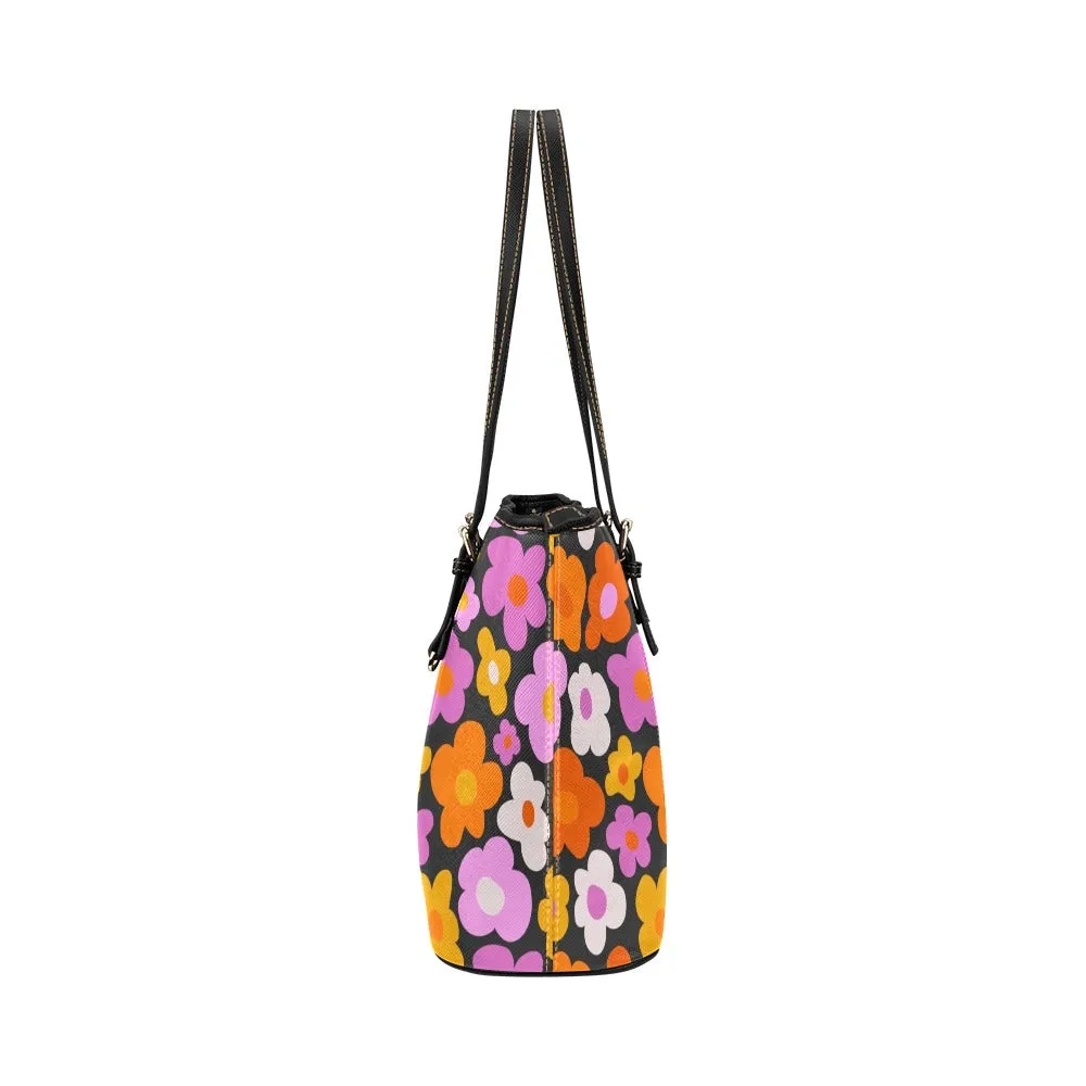 Pink Floral Purse Leather Tote Bag, Groovy 70s Vintage Retro Vegan Shoulder Hand bag Zip on Top Designer Small Large Work Women Ladies