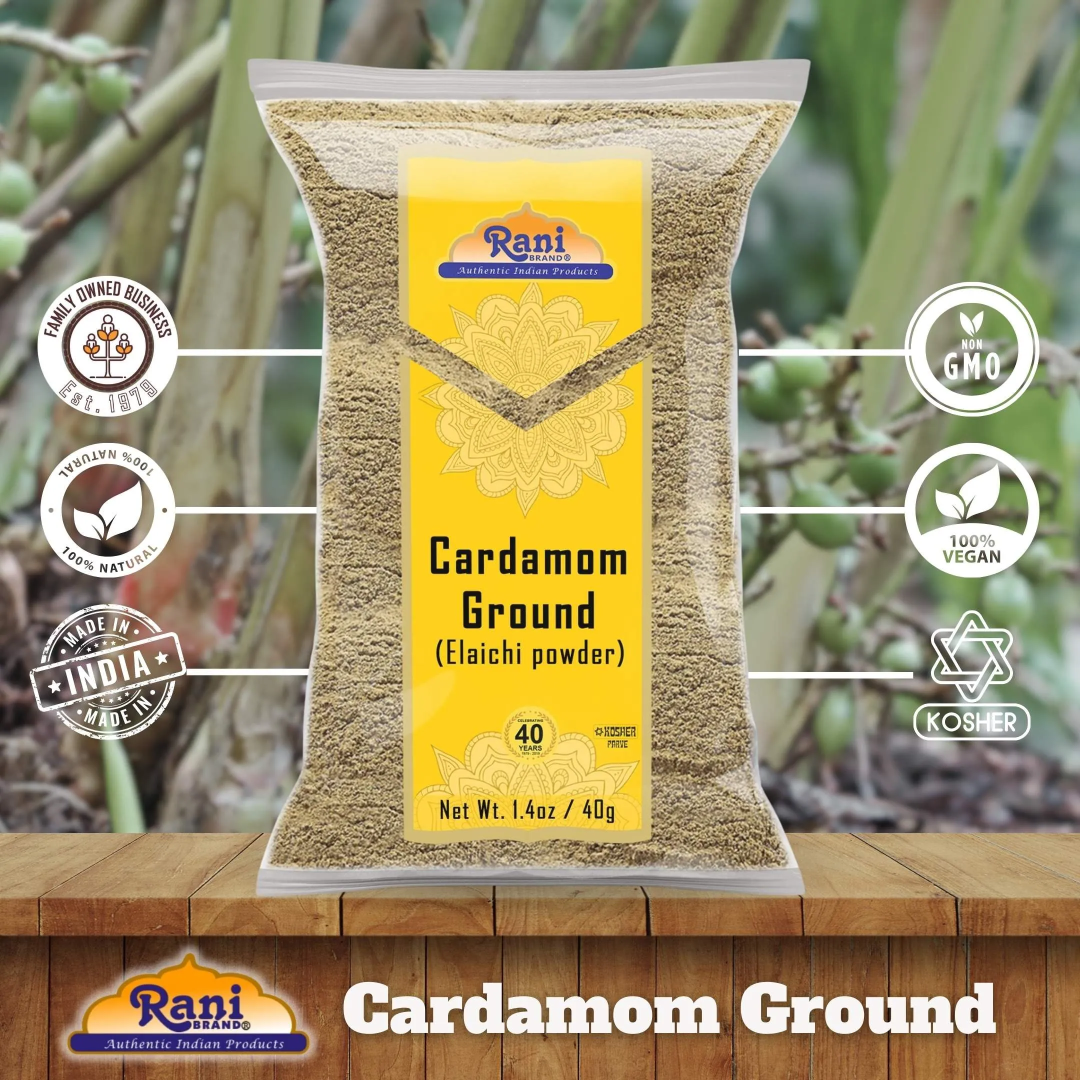 Rani Cardamom (Elachi) Ground, Powder Indian Spice 1.4oz (40g) ~ All Natural | No Color added | Gluten Friendly | Vegan | NON-GMO | Kosher | No Salt or fillers