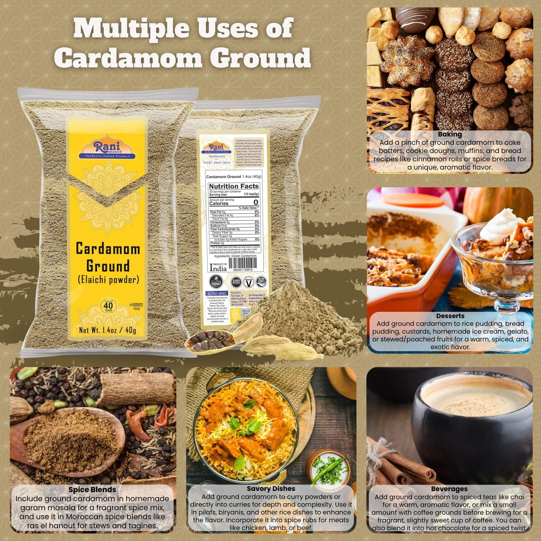 Rani Cardamom (Elachi) Ground, Powder Indian Spice 1.4oz (40g) ~ All Natural | No Color added | Gluten Friendly | Vegan | NON-GMO | Kosher | No Salt or fillers