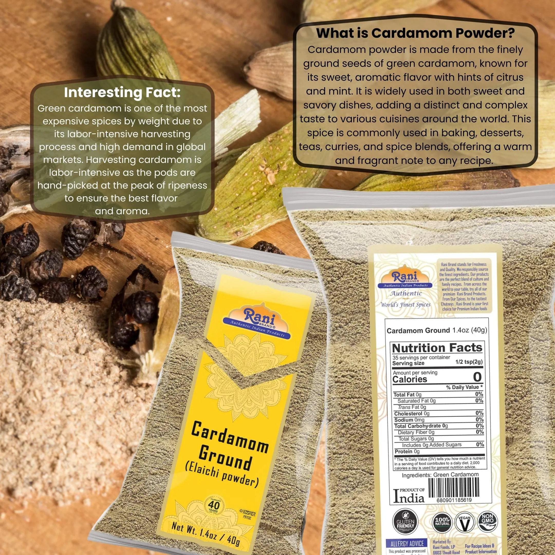 Rani Cardamom (Elachi) Ground, Powder Indian Spice 1.4oz (40g) ~ All Natural | No Color added | Gluten Friendly | Vegan | NON-GMO | Kosher | No Salt or fillers