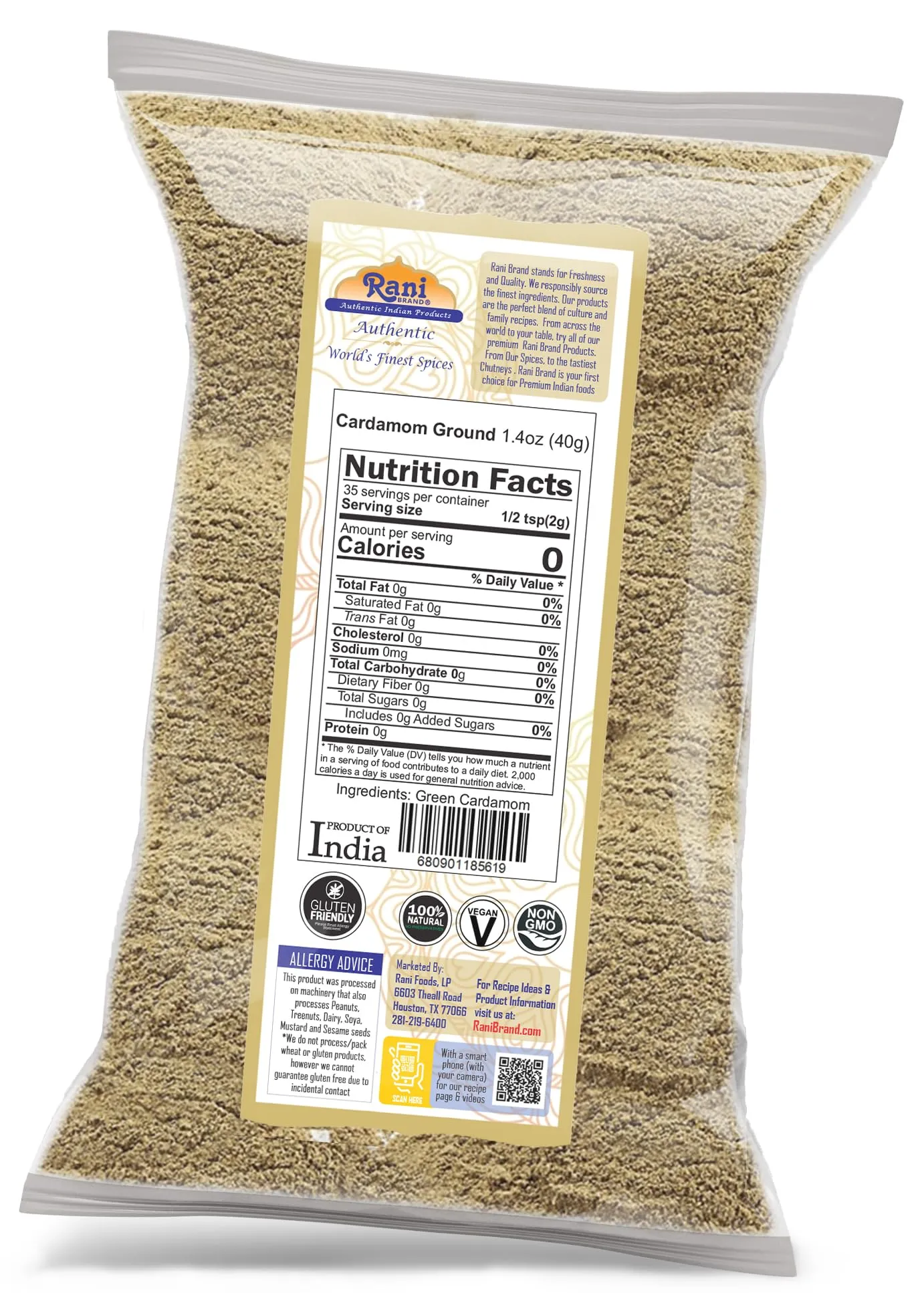 Rani Cardamom (Elachi) Ground, Powder Indian Spice 1.4oz (40g) ~ All Natural | No Color added | Gluten Friendly | Vegan | NON-GMO | Kosher | No Salt or fillers