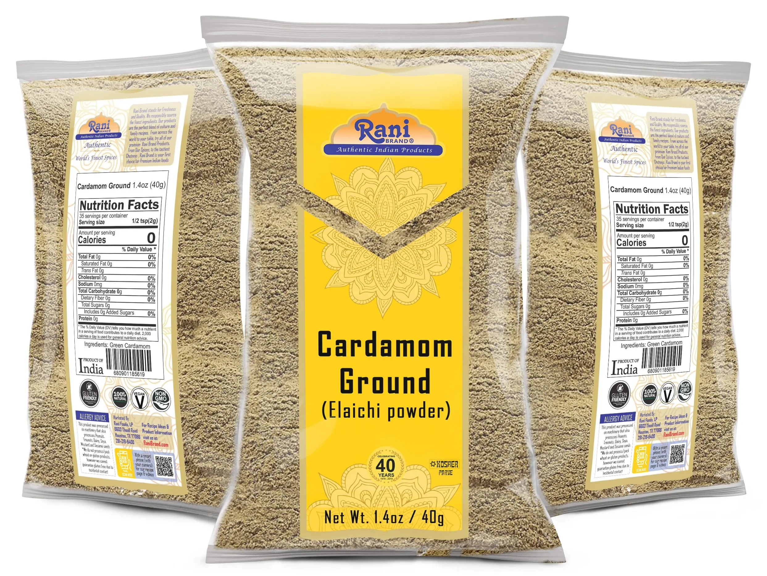 Rani Cardamom (Elachi) Ground, Powder Indian Spice 1.4oz (40g) ~ All Natural | No Color added | Gluten Friendly | Vegan | NON-GMO | Kosher | No Salt or fillers
