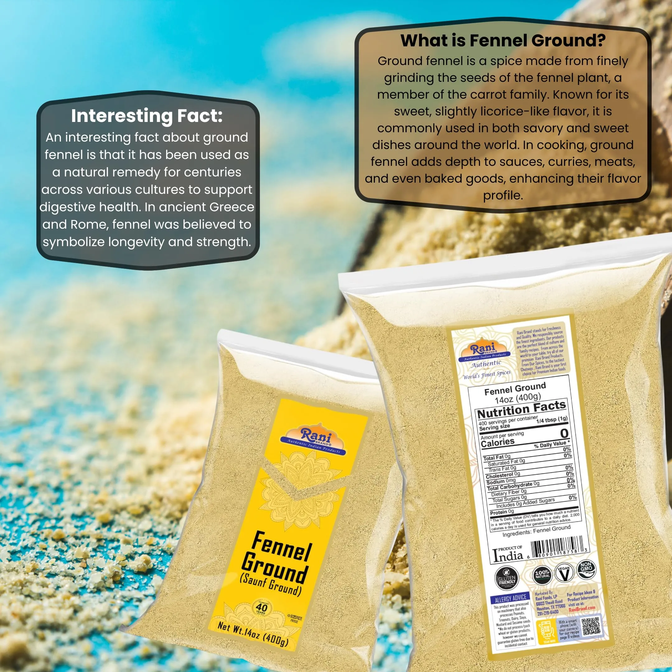 Rani Fennel Ground (Saunf) Powder Spice 14oz (400g) ~ All Natural | Gluten Friendly | NON-GMO | Kosher | Vegan | Indian Origin
