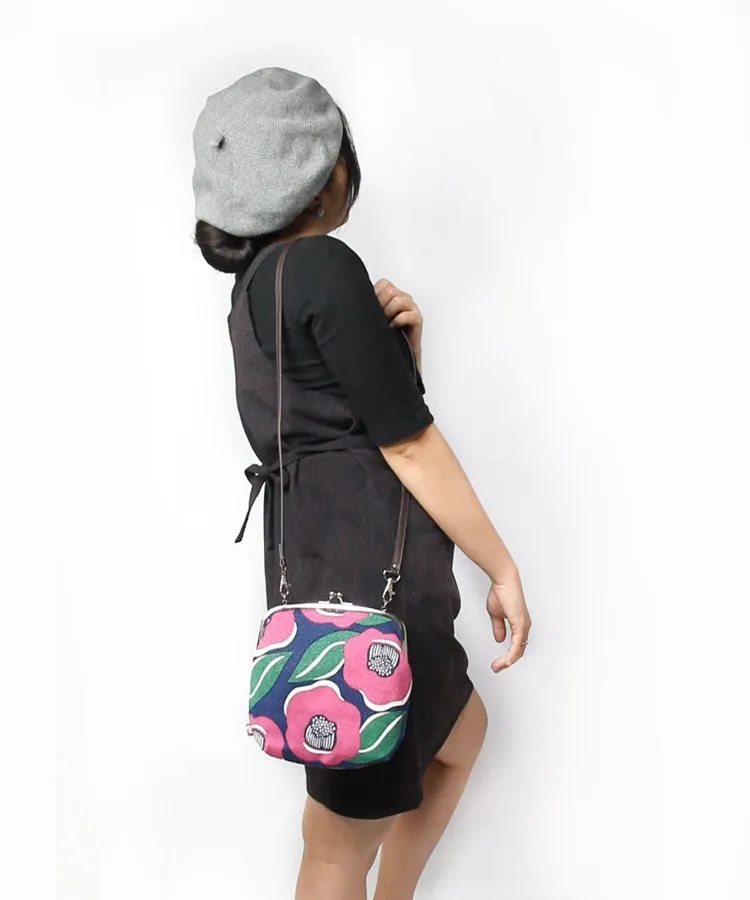 Red Camellia Shoulder Clasp Bag and Detachable Strap / Gamaguchi Japanese Shoulder Bag