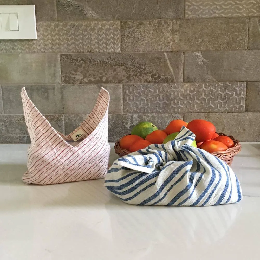 Set of 2 Bento  Bag - 2 knot bags in organic Kala Cotton for Veggies & Fruit, Wrapping Roti, Packing lunch box