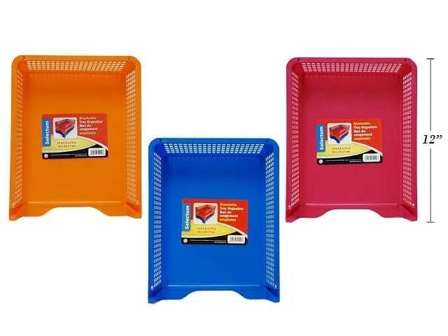 STACKABLE DOCUMENT TRAY ORGANIZER, 13X9X2.75" BLUE, PINK, ORANGE COLORS