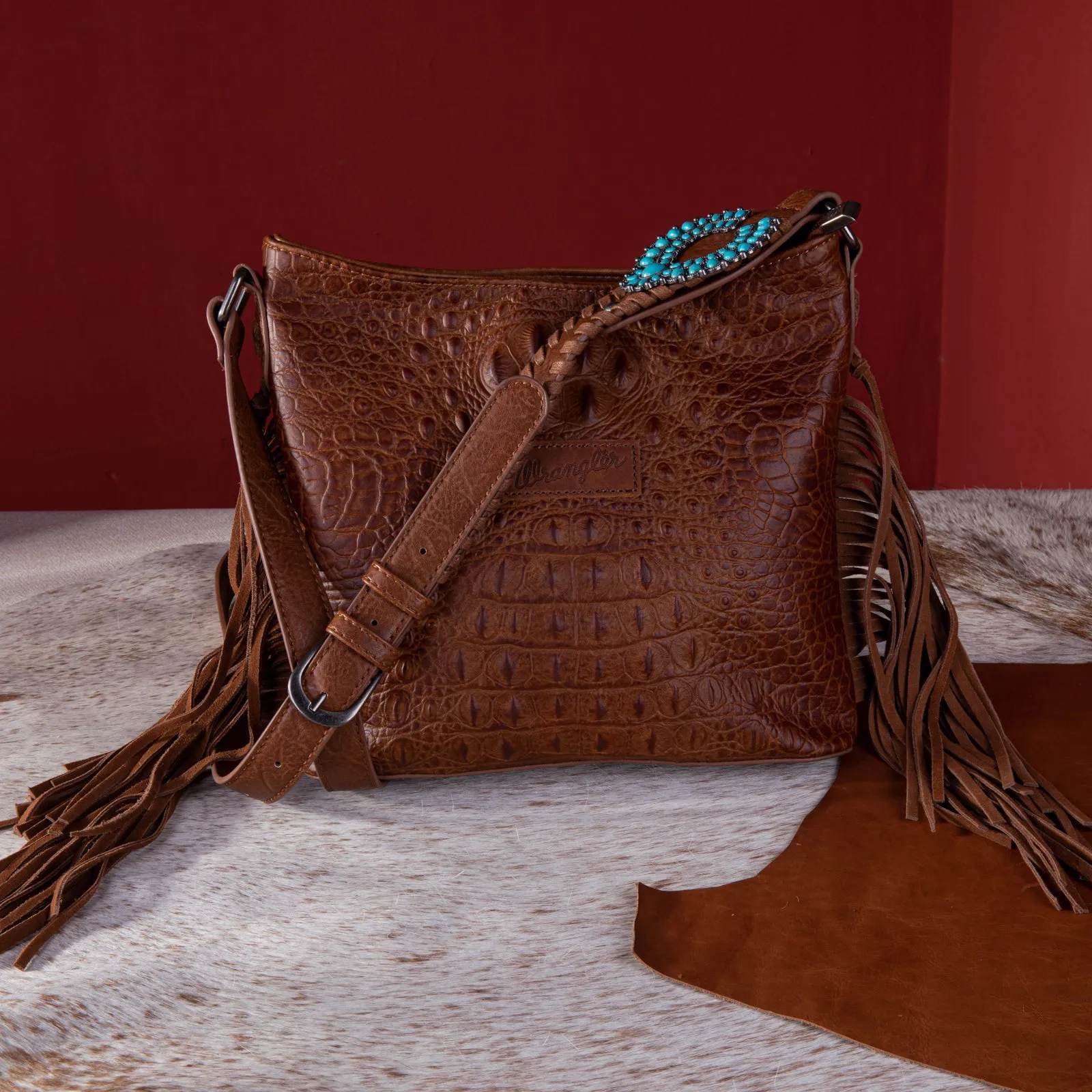WG62G-9360  Wrangler Croc Embossed Whipstitch Concealed Carry Crossbody - Brown
