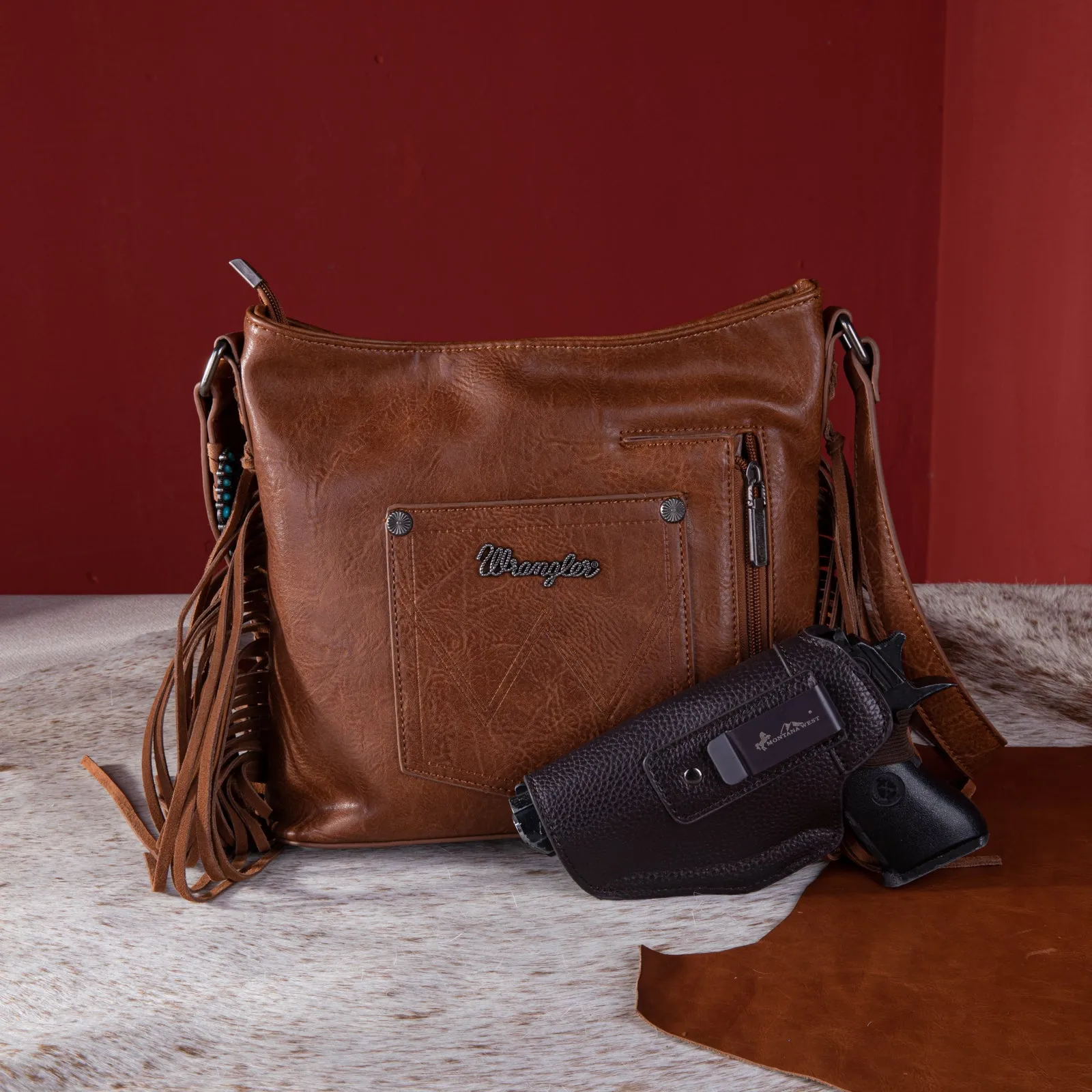 WG62G-9360  Wrangler Croc Embossed Whipstitch Concealed Carry Crossbody - Brown