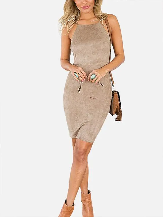 Wholesale Halter Cold Shoulder Plain Backless Lace-Up Sleeveless Khaki Mini Dress