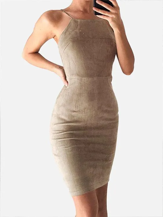 Wholesale Halter Cold Shoulder Plain Backless Lace-Up Sleeveless Khaki Mini Dress