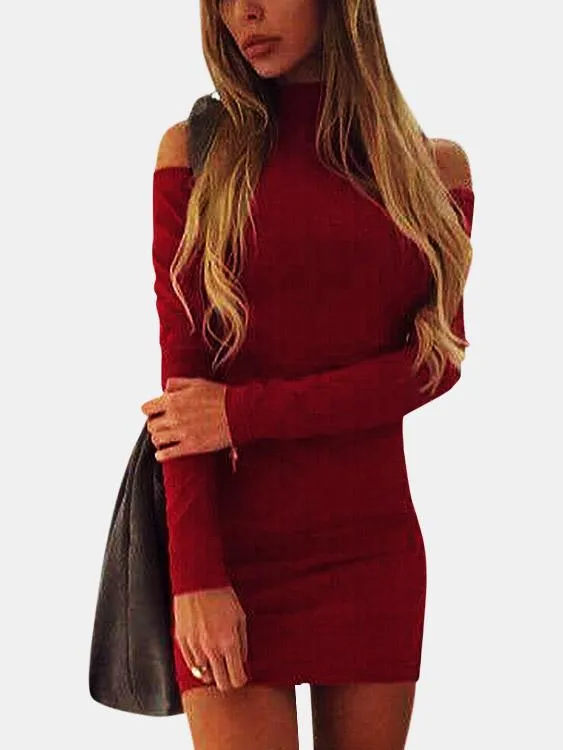 Wholesale High Neck Cold Shoulder Long Sleeve Plain Mini Dresses