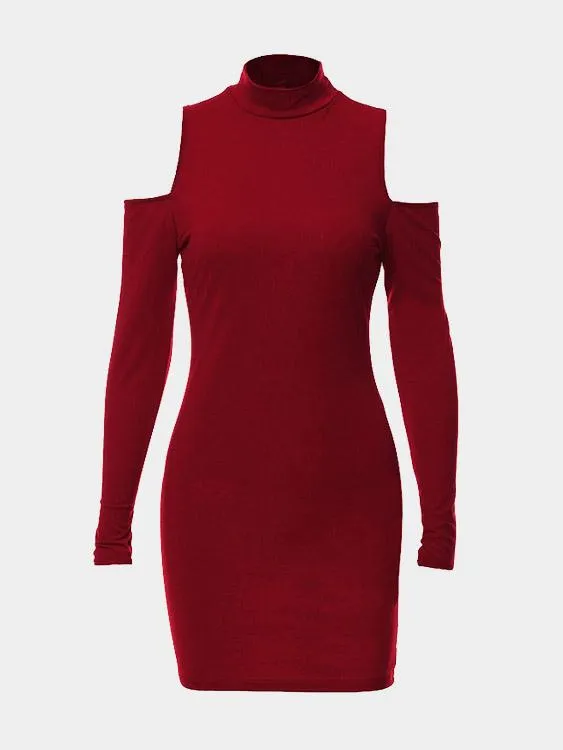 Wholesale High Neck Cold Shoulder Long Sleeve Plain Mini Dresses