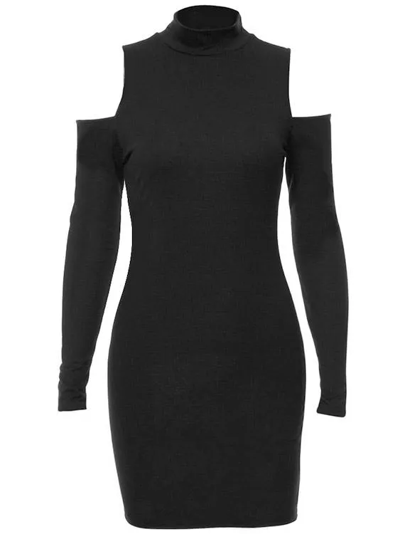 Wholesale High Neck Cold Shoulder Long Sleeve Plain Mini Dresses