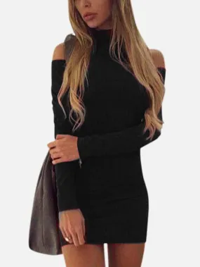 Wholesale High Neck Cold Shoulder Long Sleeve Plain Mini Dresses