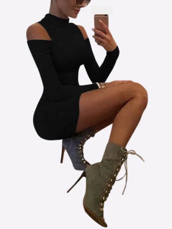 Wholesale High Neck Cold Shoulder Long Sleeve Plain Mini Dresses