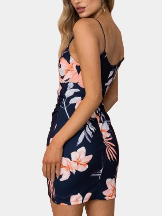Wholesale Navy V-Neck Sleeveless Floral Print Crossed Front Backless Wrap Irregular Hem Mini Dress