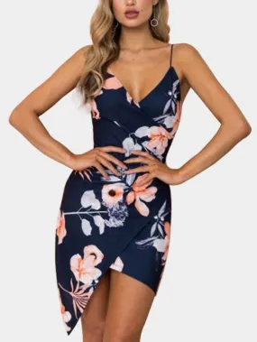 Wholesale Navy V-Neck Sleeveless Floral Print Crossed Front Backless Wrap Irregular Hem Mini Dress