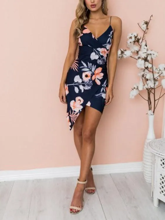 Wholesale Navy V-Neck Sleeveless Floral Print Crossed Front Backless Wrap Irregular Hem Mini Dress