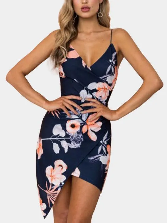 Wholesale Navy V-Neck Sleeveless Floral Print Crossed Front Backless Wrap Irregular Hem Mini Dress