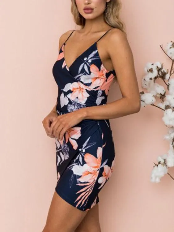 Wholesale Navy V-Neck Sleeveless Floral Print Crossed Front Backless Wrap Irregular Hem Mini Dress