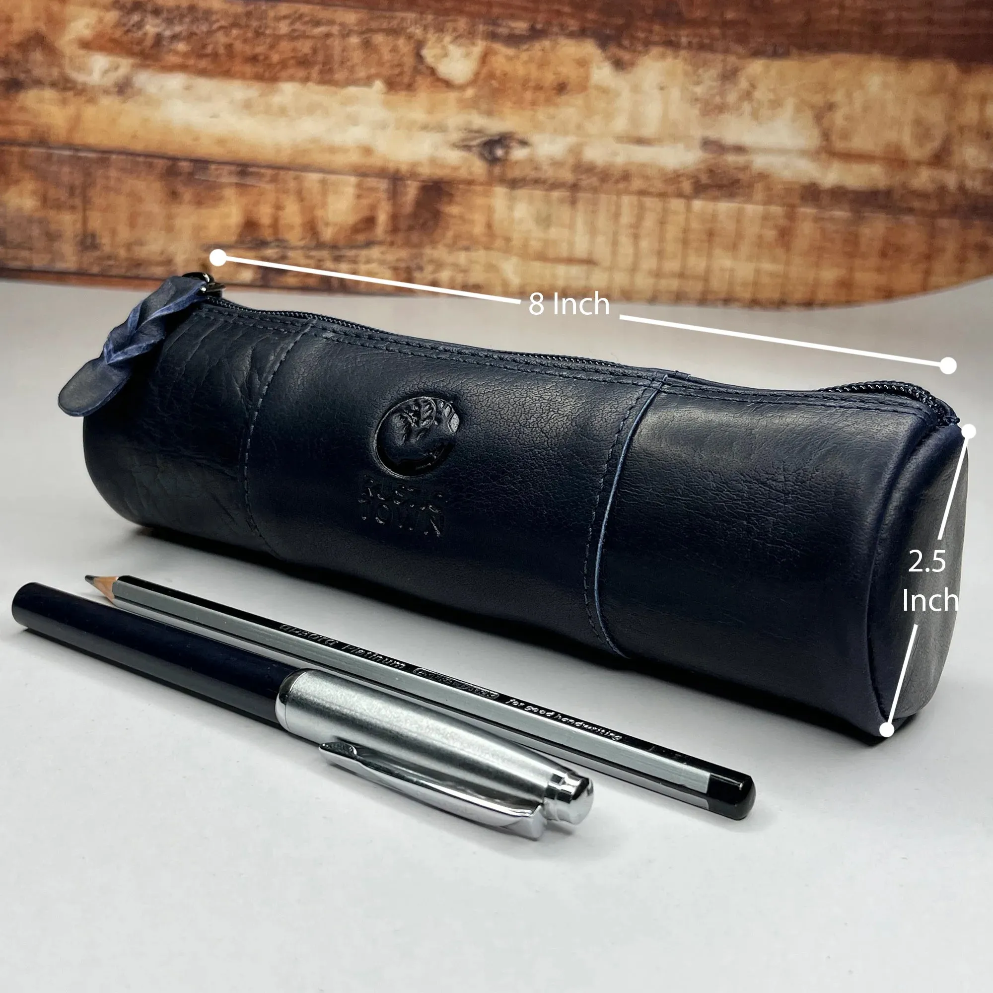 Winnie Leather Zipper Pen Pencil Case (Blue)